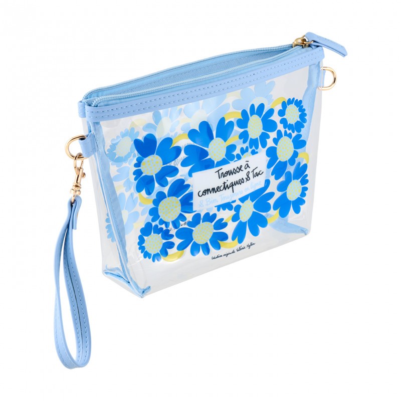 Trousse trasparente e impermeabile con chiusura zip, decorata con fiori blu