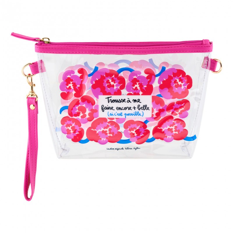 Trousse trasparente e impermeabile con chiusura zip, decorata con fiori fucsia