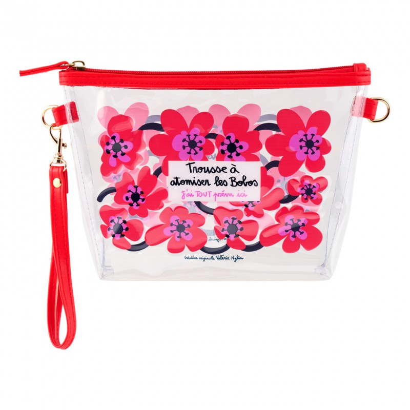 Trousse trasparente e impermeabile con chiusura zip, decorata con fiori rossi