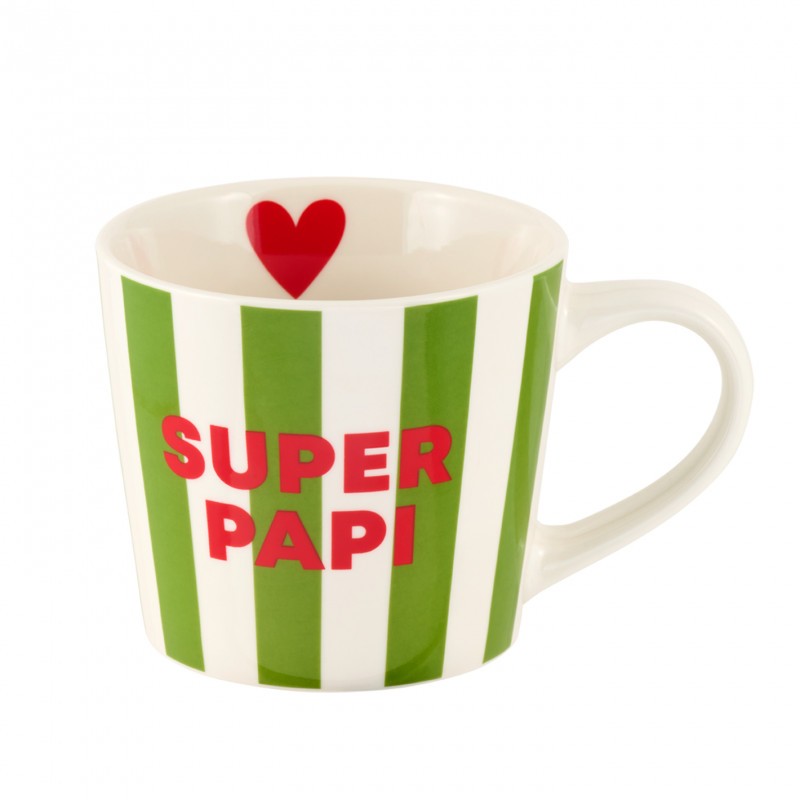 Tazza mug in ceramica con scritta “Super papi” a righe verdi, perfetta come idea regalo per papà
