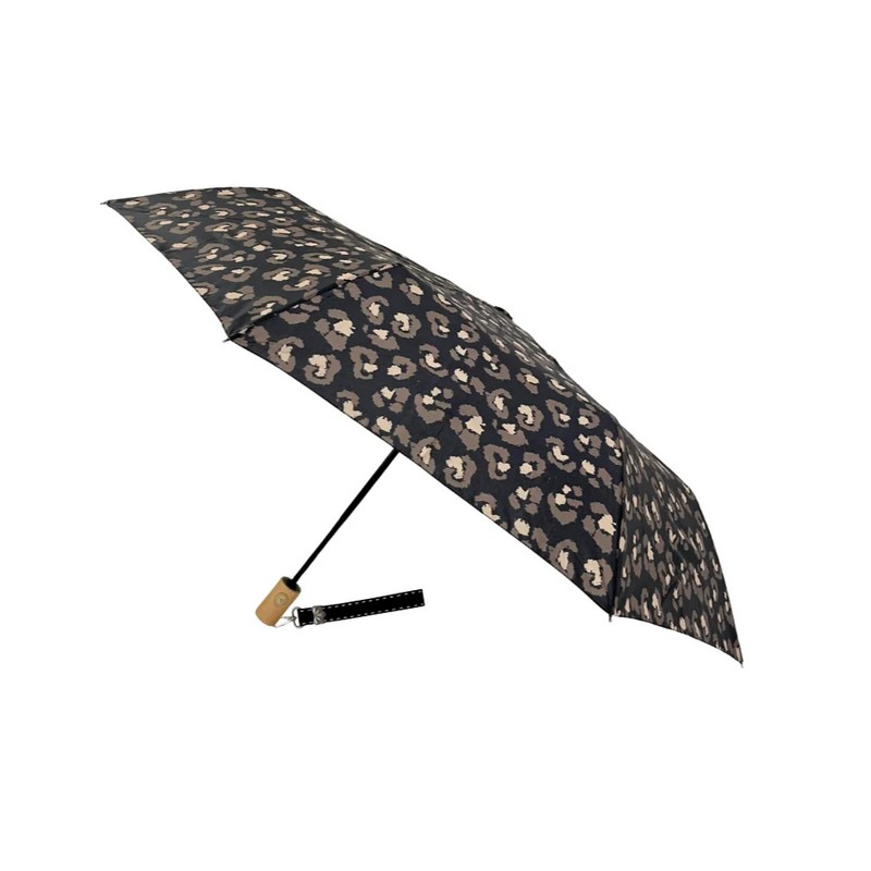 Ombrello pieghevole automatico leopardato, con astuccio, manico in legno, cinturino da polso e 8 raggi, resistente al vento