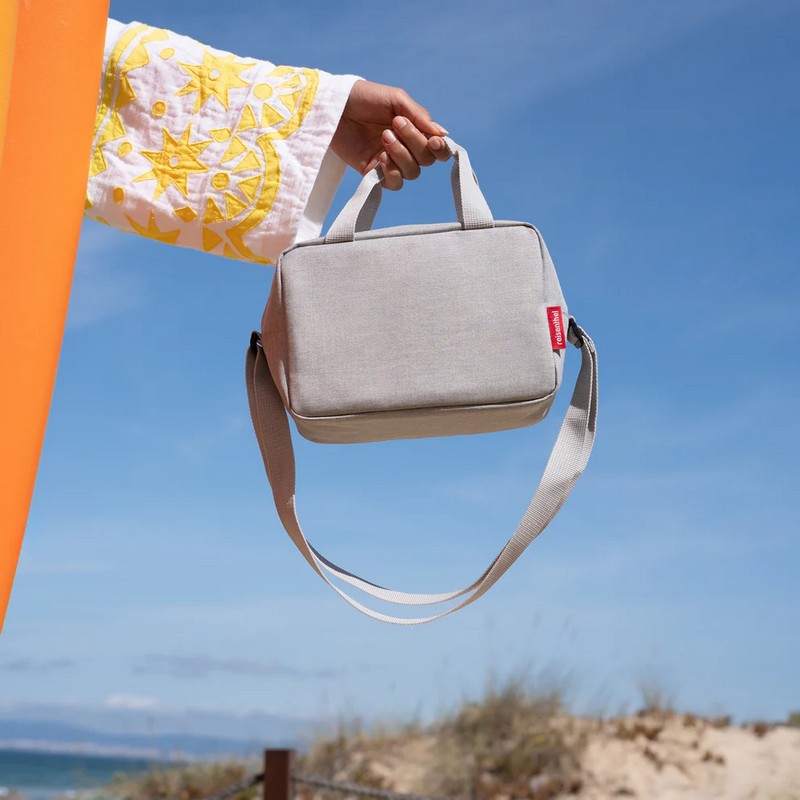 Borsa termica grigia mélange con cerniere in metallo rosé da 3 litri di capacità con chiusura zip, manico e tasca interna, ideale per mantenere la temperatura di cibo, farmaci e cosmetici