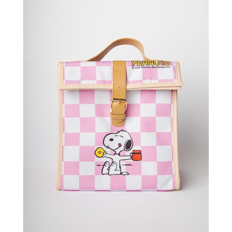 Borsa termica decorata con Snoopy a quadretti rosa e bianchi