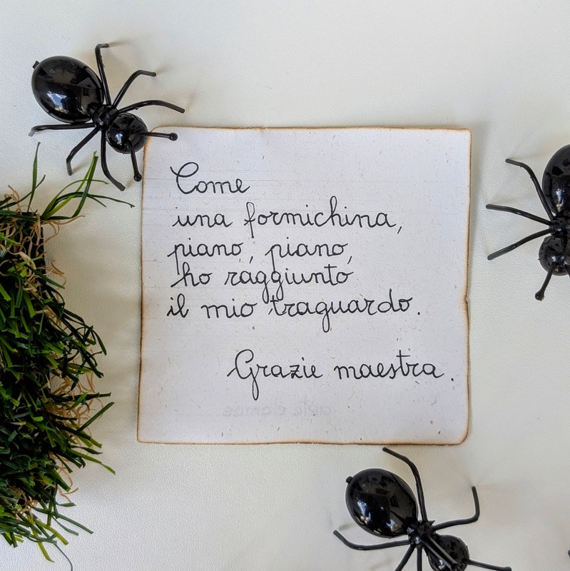 Biglietto per maestra con dedica: “Come una formichina, piano piano, ho raggiunto il mio traguardo. Grazie maestra!”, perfetto da abbinare ai regali per le maestre a fine anno scolastico