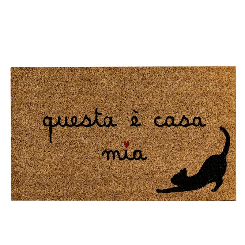 Zerbino in cocco decorato con gatto che si stiracchia e scritta “Questa è casa mia”