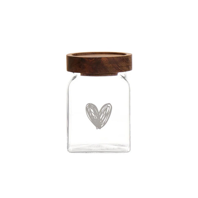 Barattolo da cucina in vetro borosilicato con tappo ermetico in legno decorato con cuore