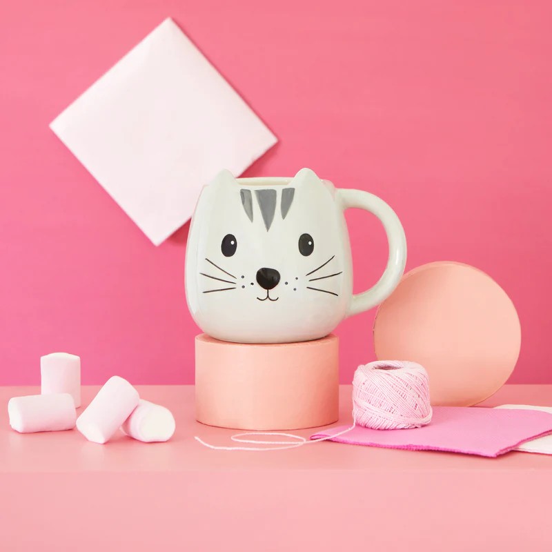 Tazza mug in ceramica a forma di muso di gatto grigio