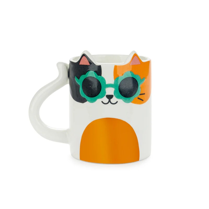 Tazza mug in ceramica a forma di gatto calico con occhiali