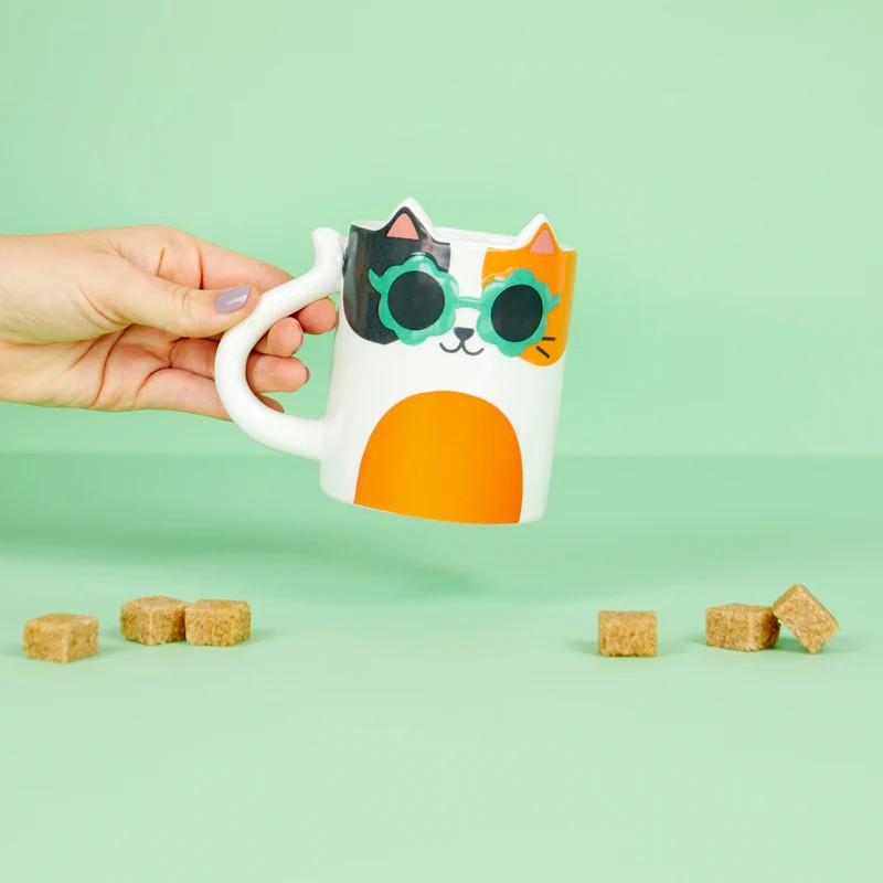Tazza mug in ceramica a forma di gatto calico con occhiali