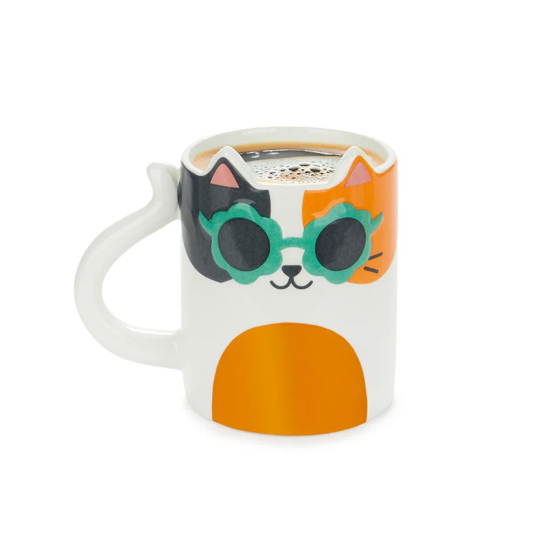 Tazza mug in ceramica a forma di gatto calico con occhiali