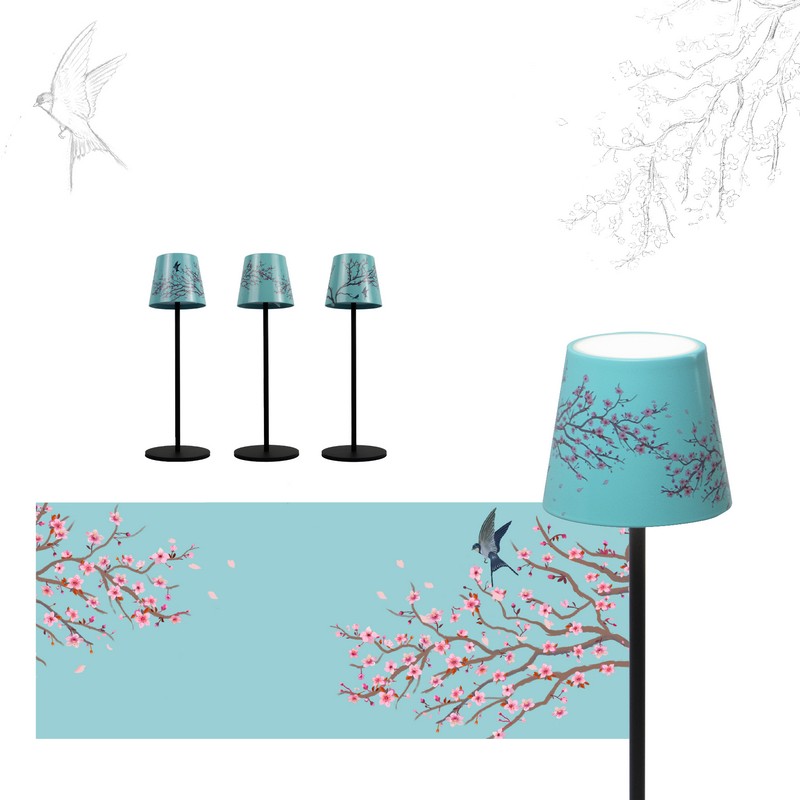 Lampada da tavolo ricaricabile dimmerabile per utilizzo interno ed esterno con luce calda e fredda, decorata con ciliegio
