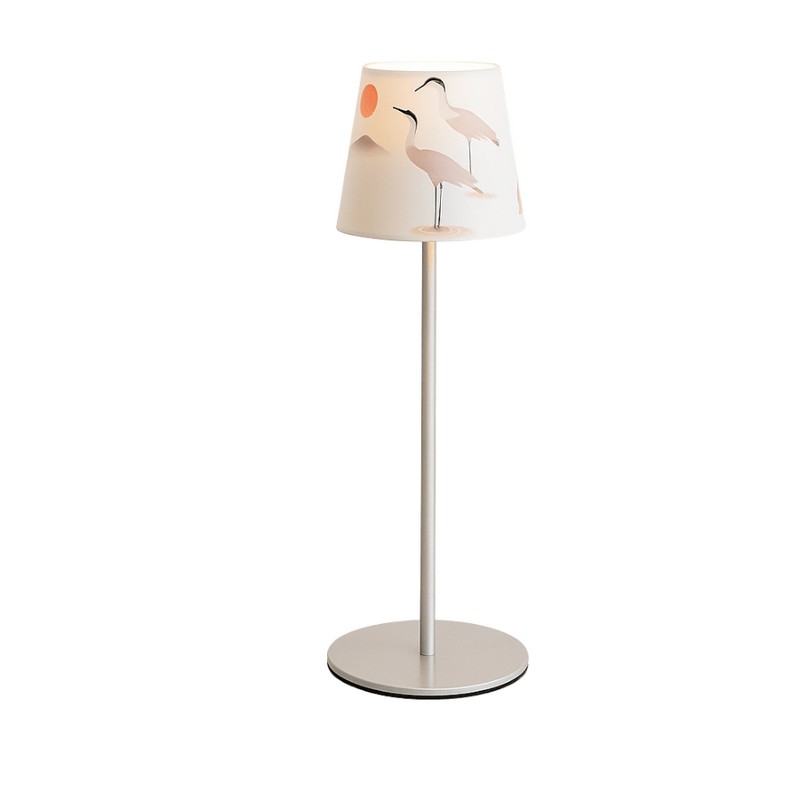 Lampada da tavolo ricaricabile dimmerabile per utilizzo interno ed esterno con luce calda e fredda, decorata con gru