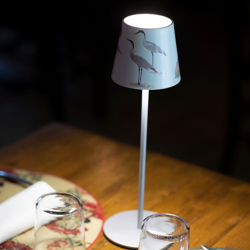 Lampada da tavolo ricaricabile dimmerabile per utilizzo interno ed esterno con luce calda e fredda, decorata con gru