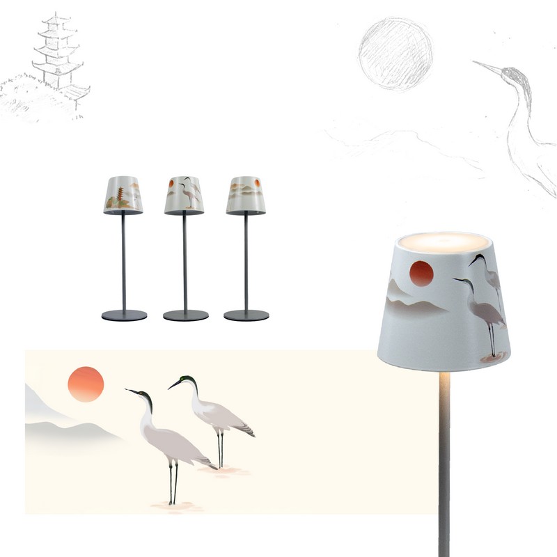 Lampada da tavolo ricaricabile dimmerabile per utilizzo interno ed esterno con luce calda e fredda, decorata con gru