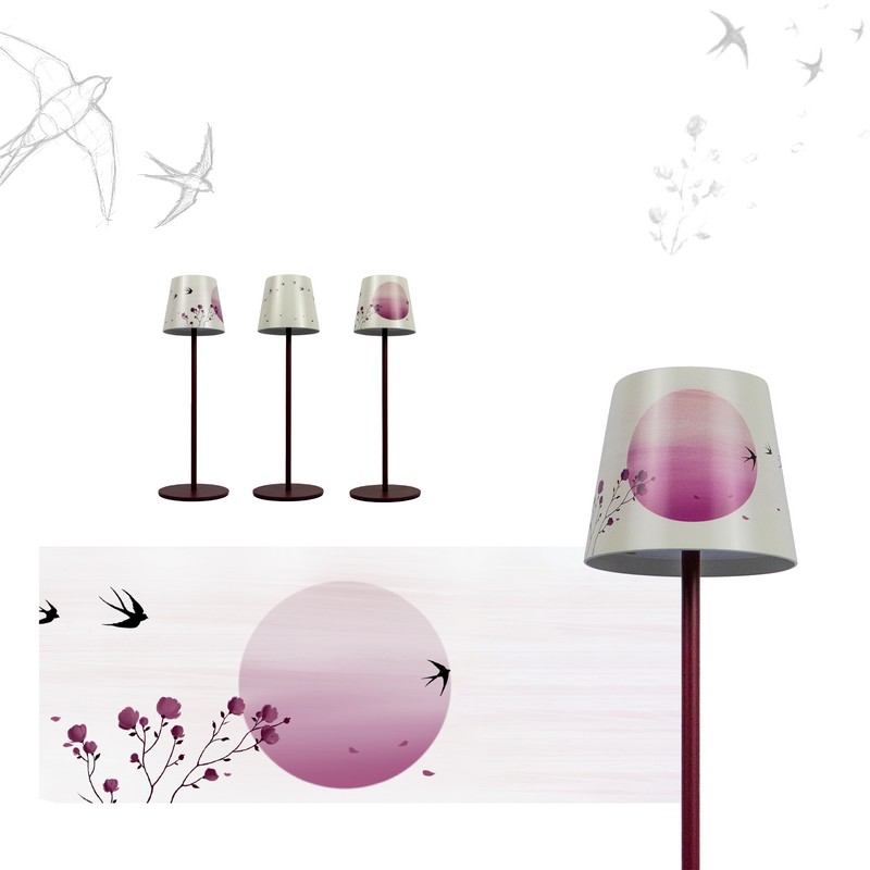 Lampada da tavolo ricaricabile dimmerabile per utilizzo interno ed esterno con luce calda, neutra e fredda, decorata con rondini