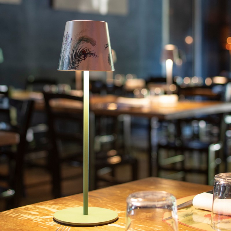 Lampada da tavolo ricaricabile dimmerabile per utilizzo interno ed esterno con luce calda, neutra e fredda, decorata con palme