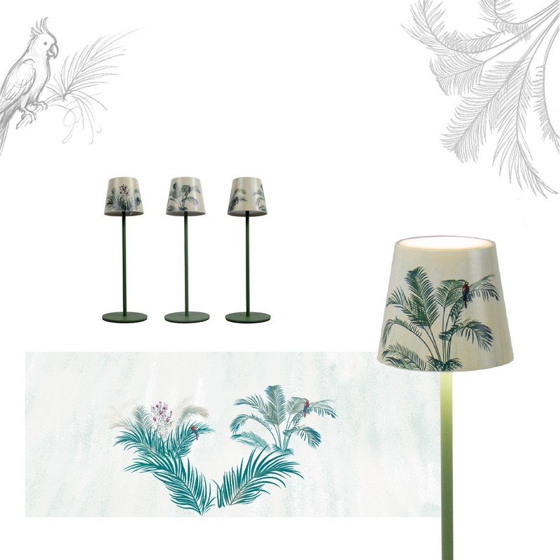 Lampada da tavolo ricaricabile dimmerabile per utilizzo interno ed esterno con luce calda, neutra e fredda, decorata con palme