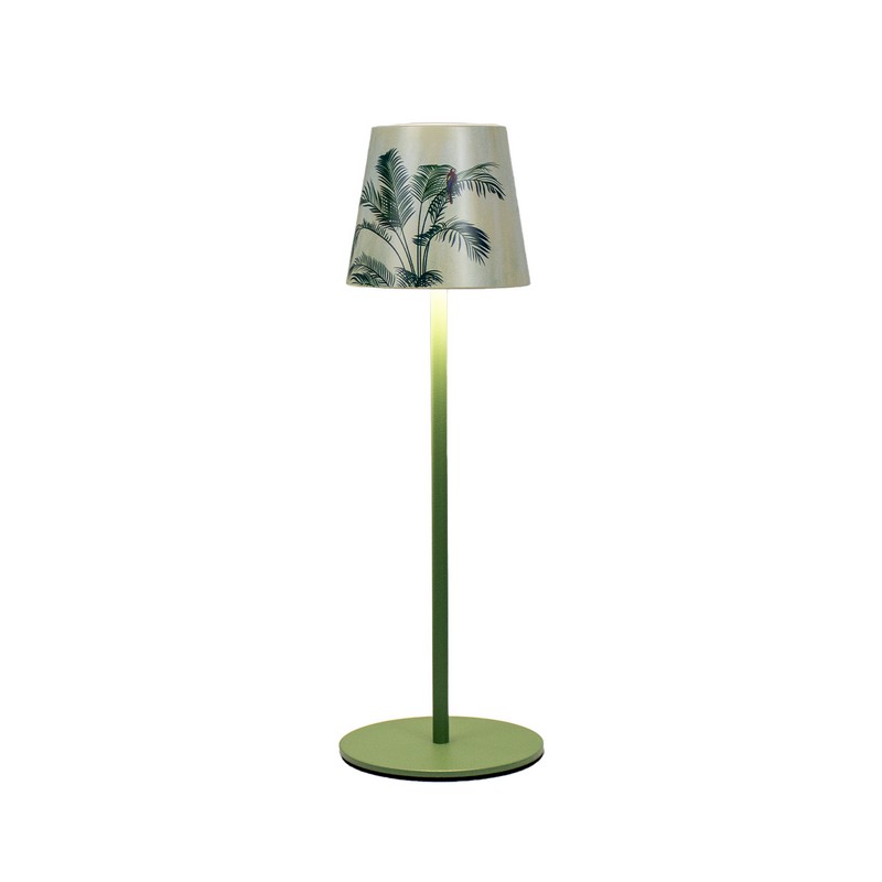 Lampada da tavolo ricaricabile dimmerabile per utilizzo interno ed esterno con luce calda, neutra e fredda, decorata con palme