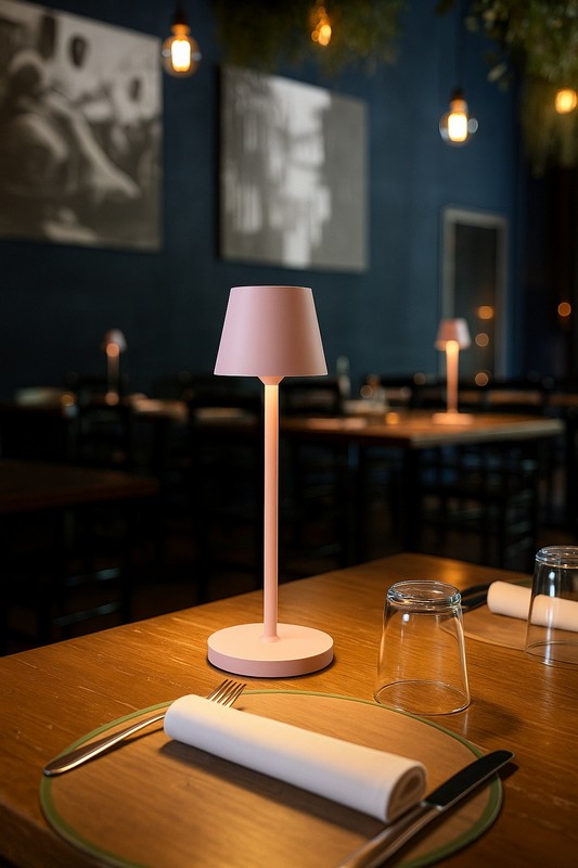 Lampada da tavolo rosa pastello ricaricabile dimmerabile per utilizzo interno ed esterno con luce calda, neutra e fredda