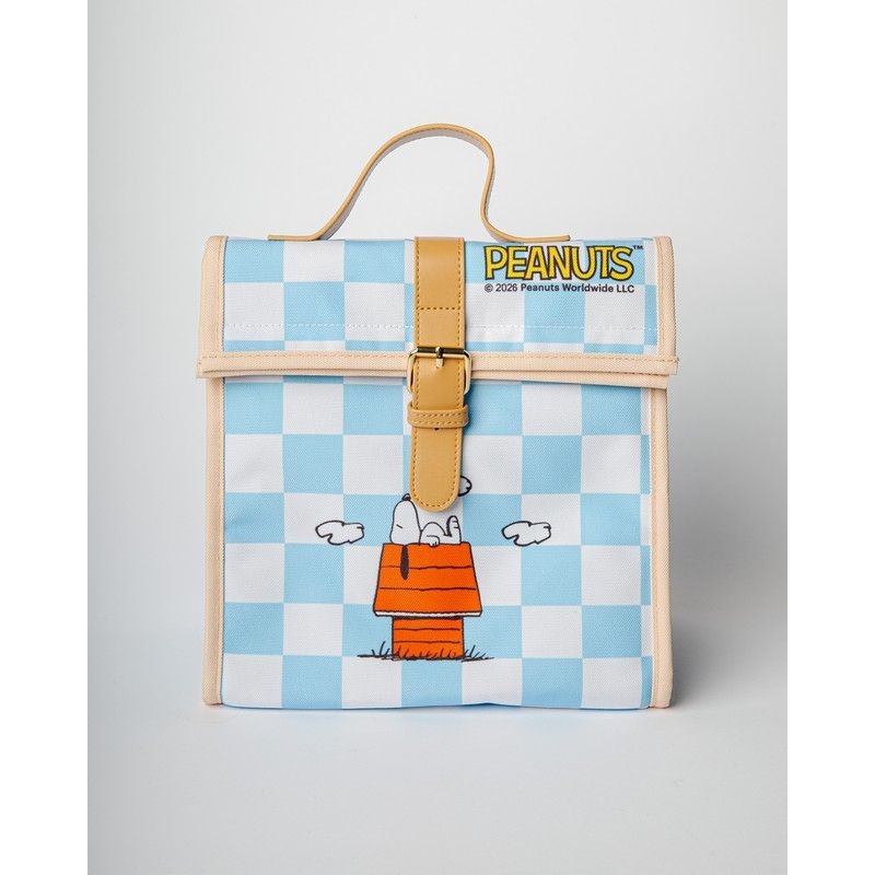 Borsa termica decorata con Snoopy a quadretti azzurri e bianchi