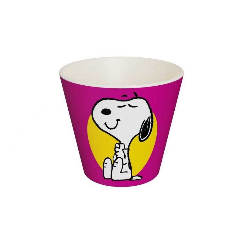 Tazzina da caffè viola in plastica riciclata decorata con Snoopy che supplica con scritta “Be nice” sul retro