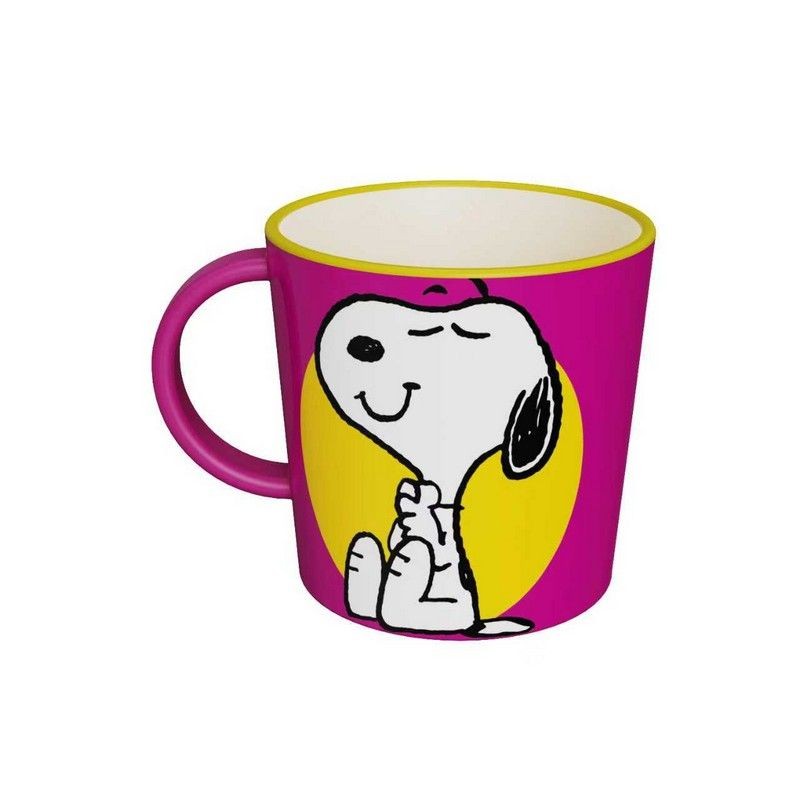 Tazza mug viola in plastica riciclata decorata con Snoopy che supplica e scritta 