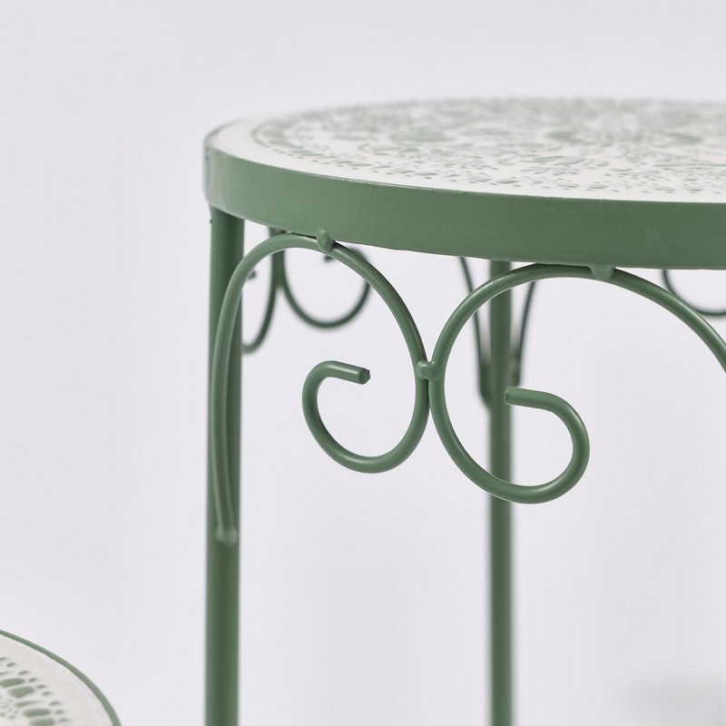 Tavolino da esterno in metallo e ceramica verde con motivi floreali, alto 51 cm