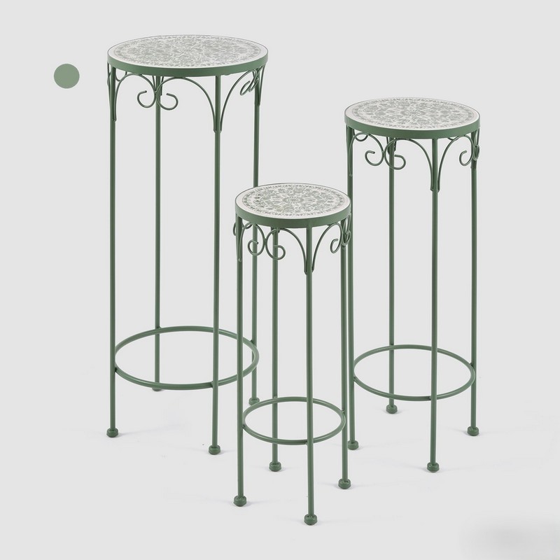 Tavolino da esterno in metallo e ceramica verde con motivi floreali, alto 71 cm