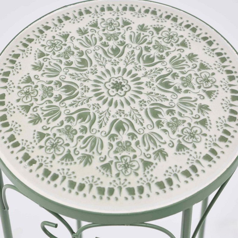 Tavolino da esterno in metallo e ceramica verde con motivi floreali, alto 71 cm