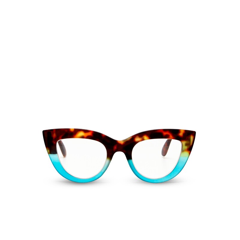 Occhiale da lettura con montatura gatto di colore havana blu, lenti da lettura +1.00 diottrie con filtro luce blu