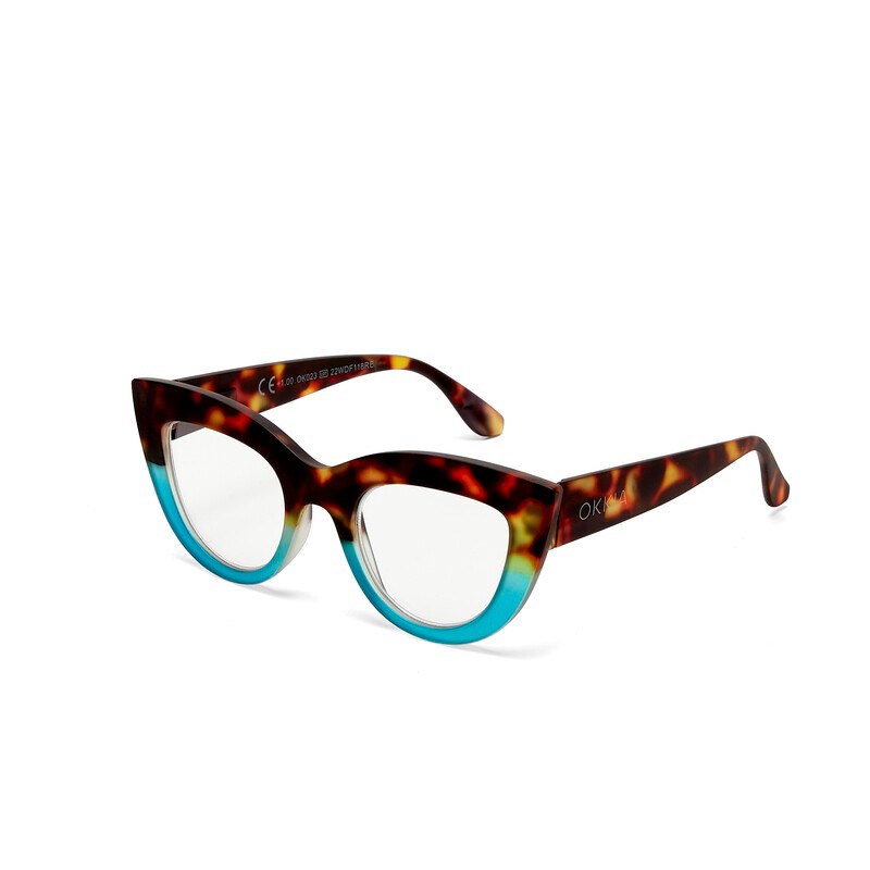 Occhiale da lettura con montatura gatto di colore havana blu, lenti da lettura +1.00 diottrie con filtro luce blu