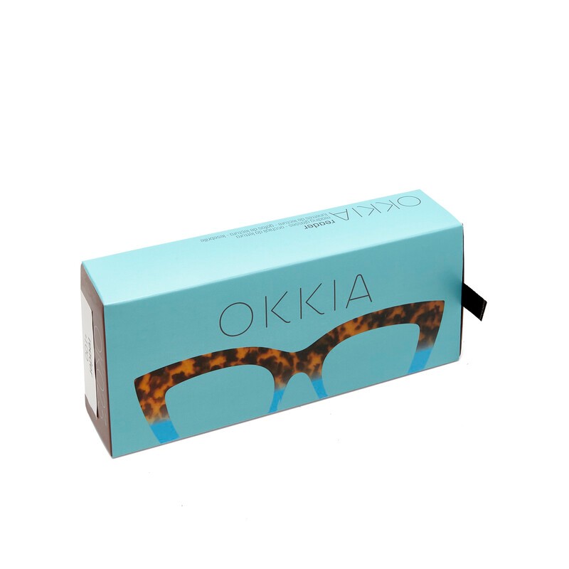 Occhiale da lettura con montatura gatto di colore havana blu, lenti da lettura +1.00 diottrie con filtro luce blu