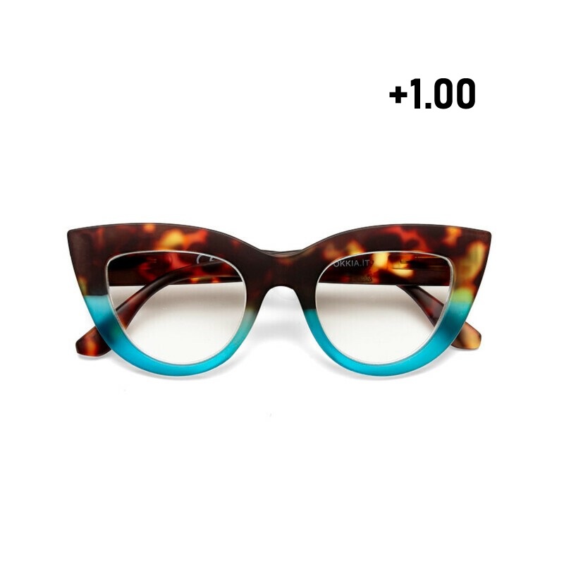 Occhiale da lettura con montatura gatto di colore havana blu, lenti da lettura +1.00 diottrie con filtro luce blu