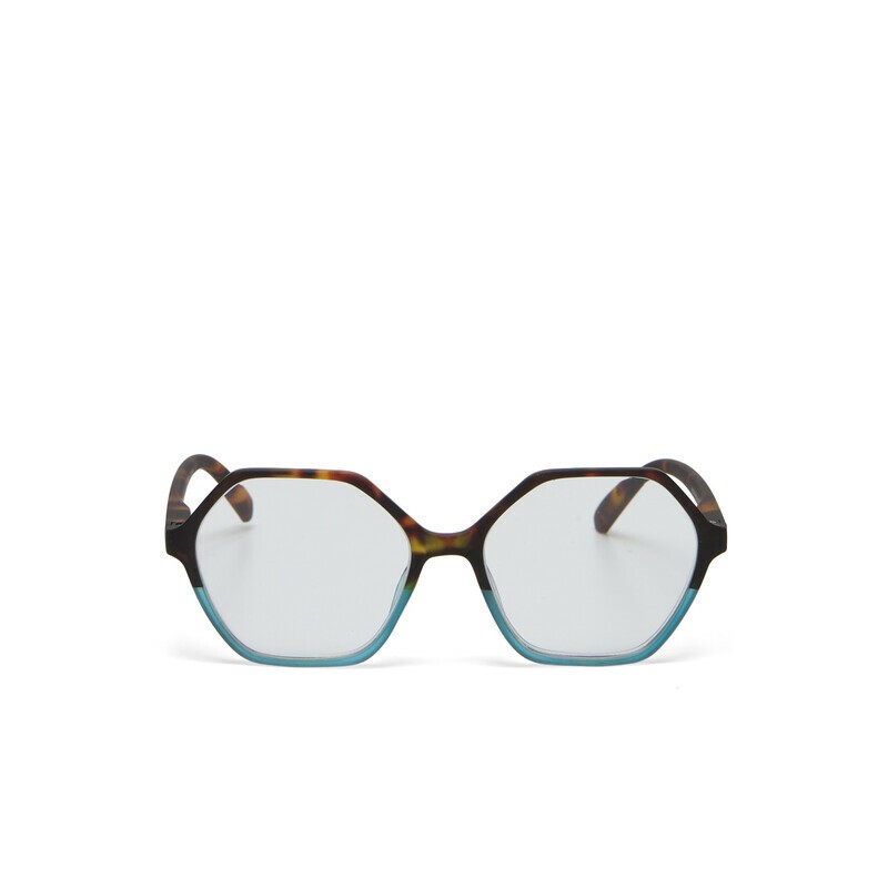 Occhiale da lettura con montatura squadrata di colore havana blu, lenti da lettura +1.00 diottrie con filtro luce blu