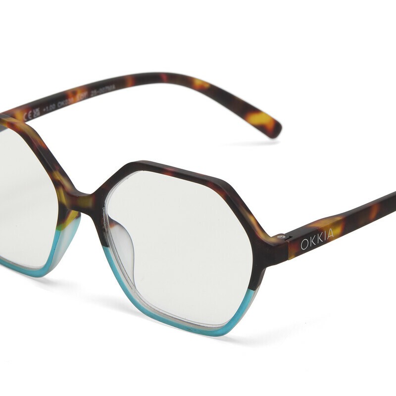 Occhiale da lettura con montatura squadrata di colore havana blu, lenti da lettura +2.00 diottrie con filtro luce blu