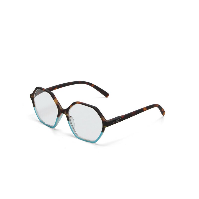 Occhiale da lettura con montatura squadrata di colore havana blu, lenti da lettura +3.00 diottrie con filtro luce blu