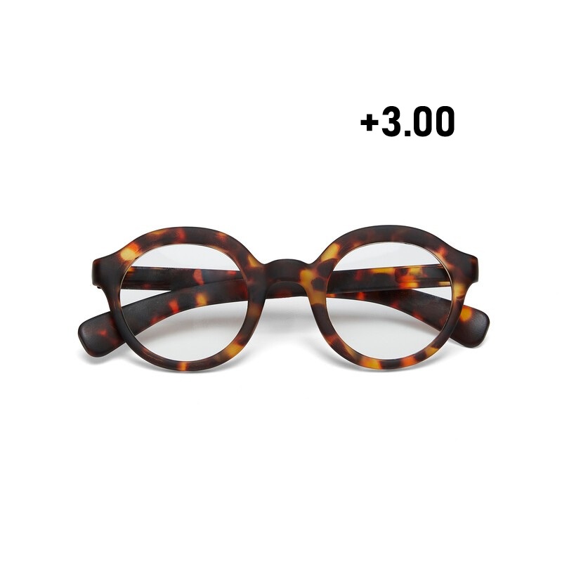 Occhiale da lettura con montatura panthos tondo di colore havana, lenti da lettura +3.00 diottrie con filtro luce blu, include astuccio e panno in microfibra