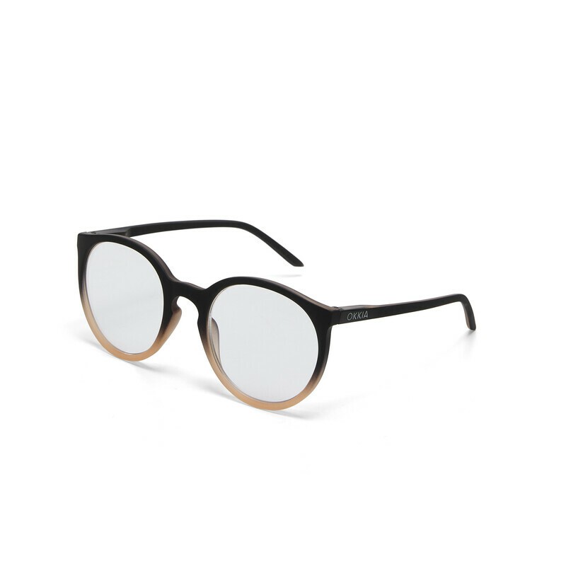 Occhiale da lettura con montatura tonda di colore rosa e nero, lenti da lettura +1.00 diottrie, include astuccio e panno in microfibra