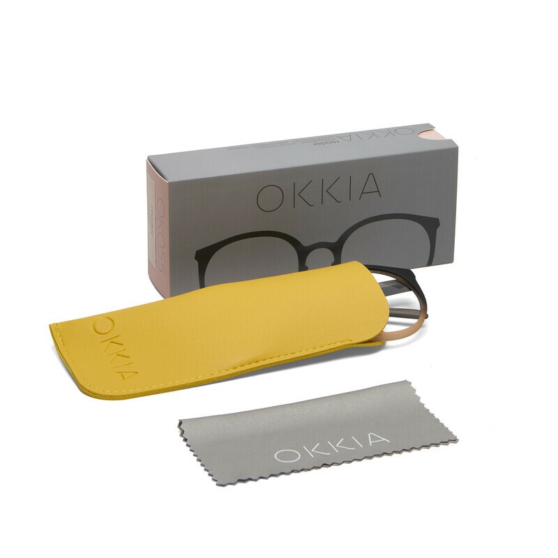 Occhiale da lettura con montatura tonda di colore rosa e nero, lenti da lettura +1.00 diottrie, include astuccio e panno in microfibra