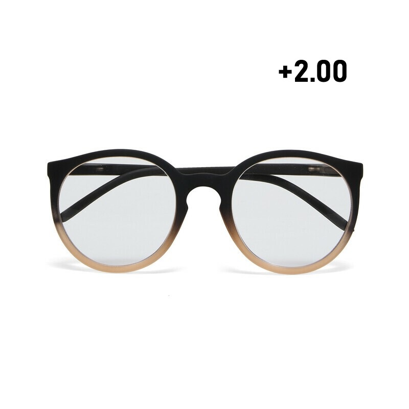 Occhiale da lettura con montatura tonda di colore rosa e nero, lenti da lettura +2.00 diottrie, include astuccio e panno in microfibra