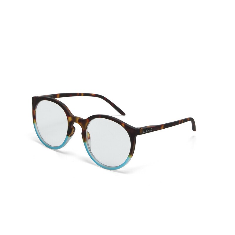 Occhiale da lettura con montatura tonda di colore havana blu, lenti da lettura +1.50 diottrie, include astuccio e panno in microfibra