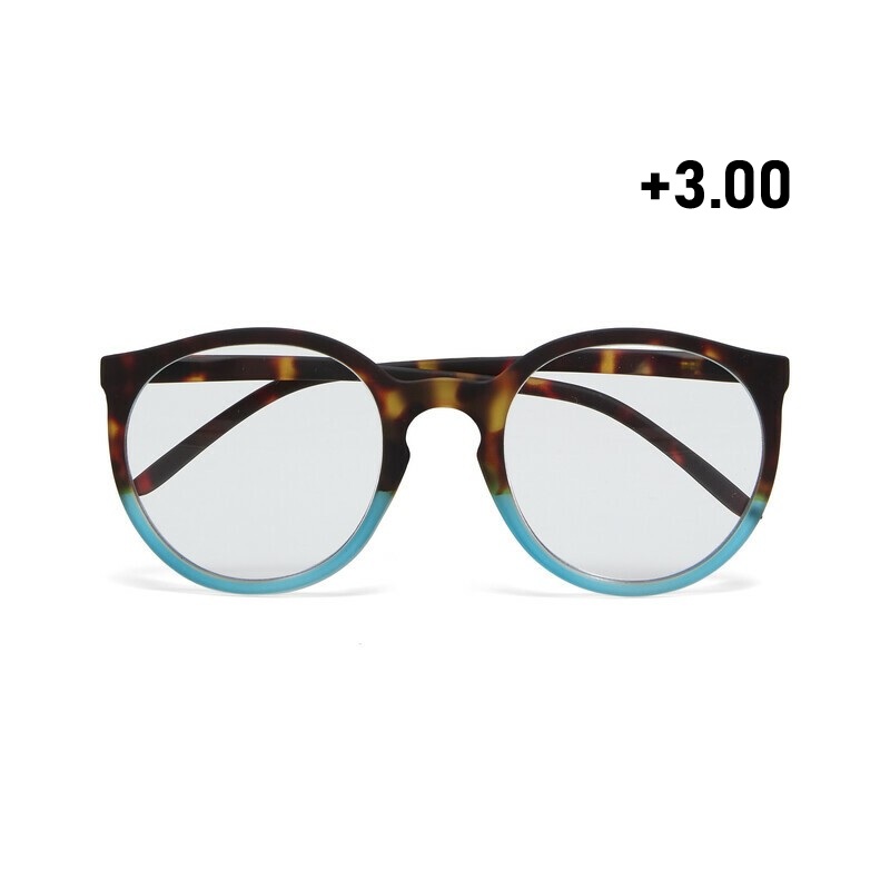 Occhiale da lettura con montatura tonda di colore havana blu, lenti da lettura +2.00 diottrie, include astuccio e panno in microfibra