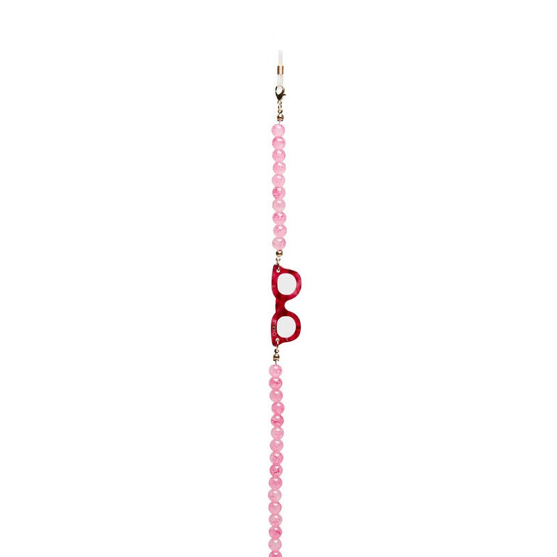 Collana portaocchiali con sfere in vetro stile quarzo rosa con simbolo occhiali