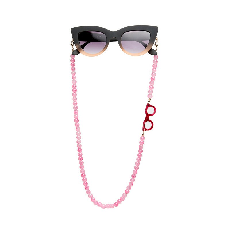 Collana portaocchiali con sfere in vetro stile quarzo rosa con simbolo occhiali