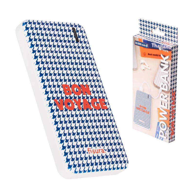 Powerbank bianco e blu da 10.000 mAh con due uscite USB-C per ricaricare 2 dispositivi contemporaneamente, decorato con scritta “Bon voyage”