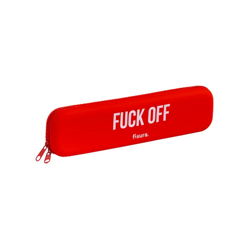 Astuccio in silicone rosso morbido con scritta “Fuck off” e chiusura zip