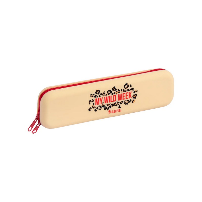 Astuccio in silicone beige morbido con scritta “My wild week” e chiusura zip