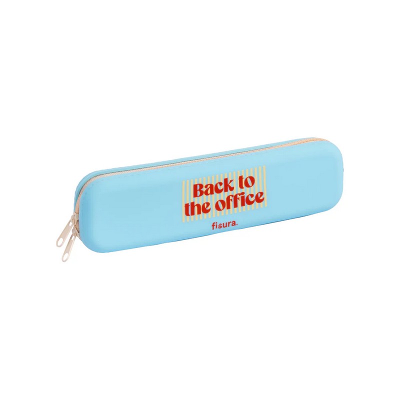 Astuccio in silicone azzurro morbido con scritta “Back to the office” e chiusura zip