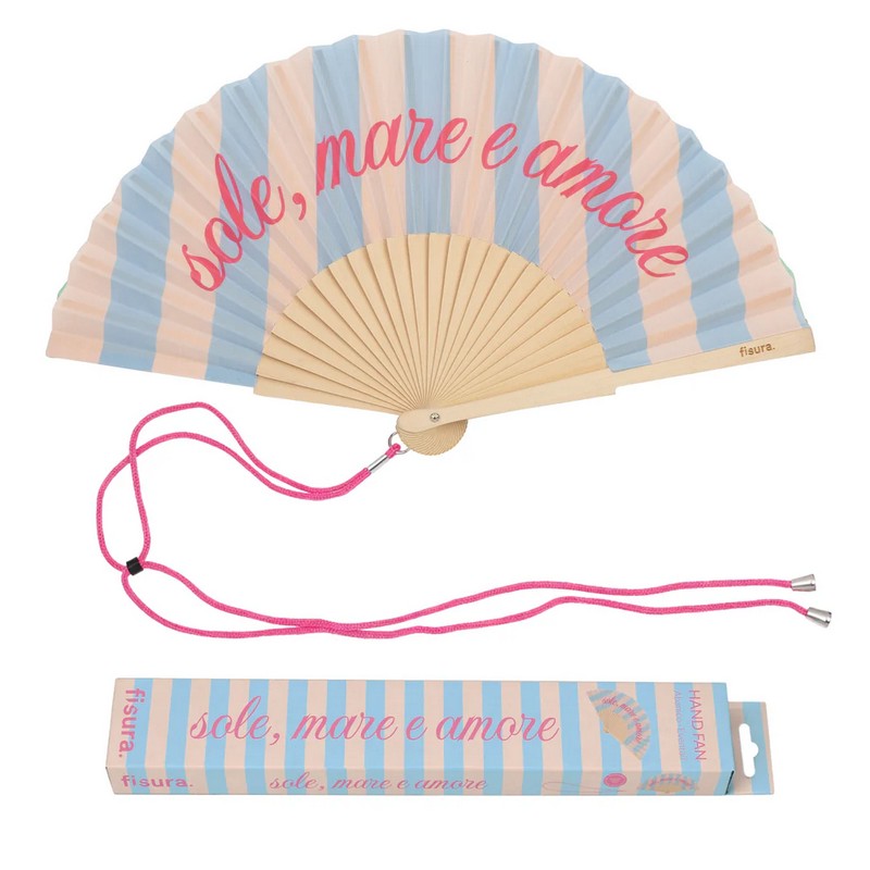 Ventaglio a righe in bambù decorato con scritta “Sole, mare e amore”, perfetto come regalo estivo