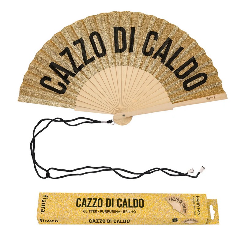 Ventaglio glitter oro in bambù decorato con scritta “Cazzo di caldo”, perfetto come regalo estivo